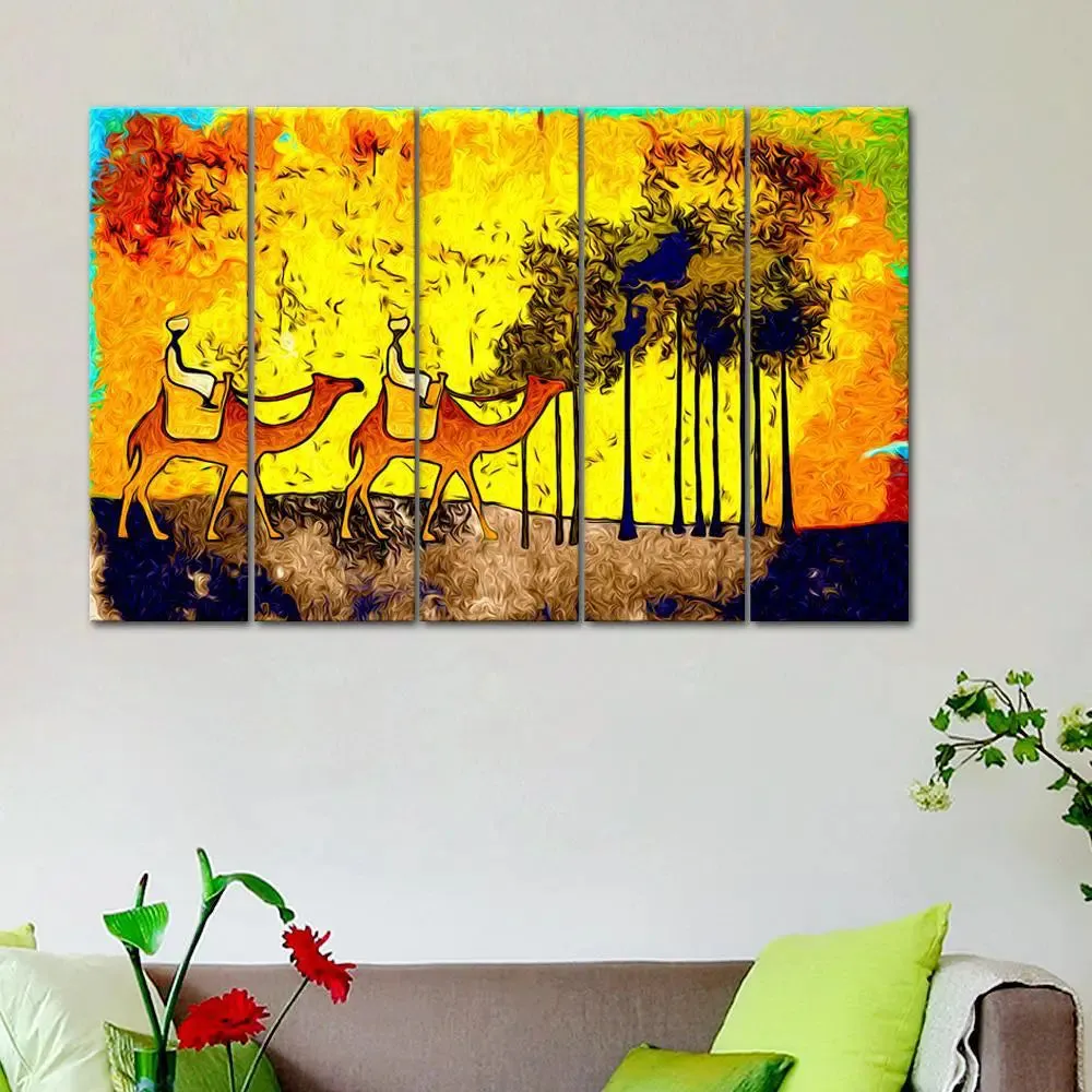 Two Riding Camels 5 Pieces Wall Painting