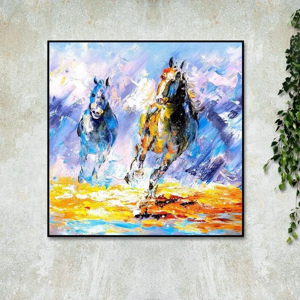 Two Running Horse Canvas Painting With Black Floating Frame Size: 57 cm (H) X 57 cm (W)