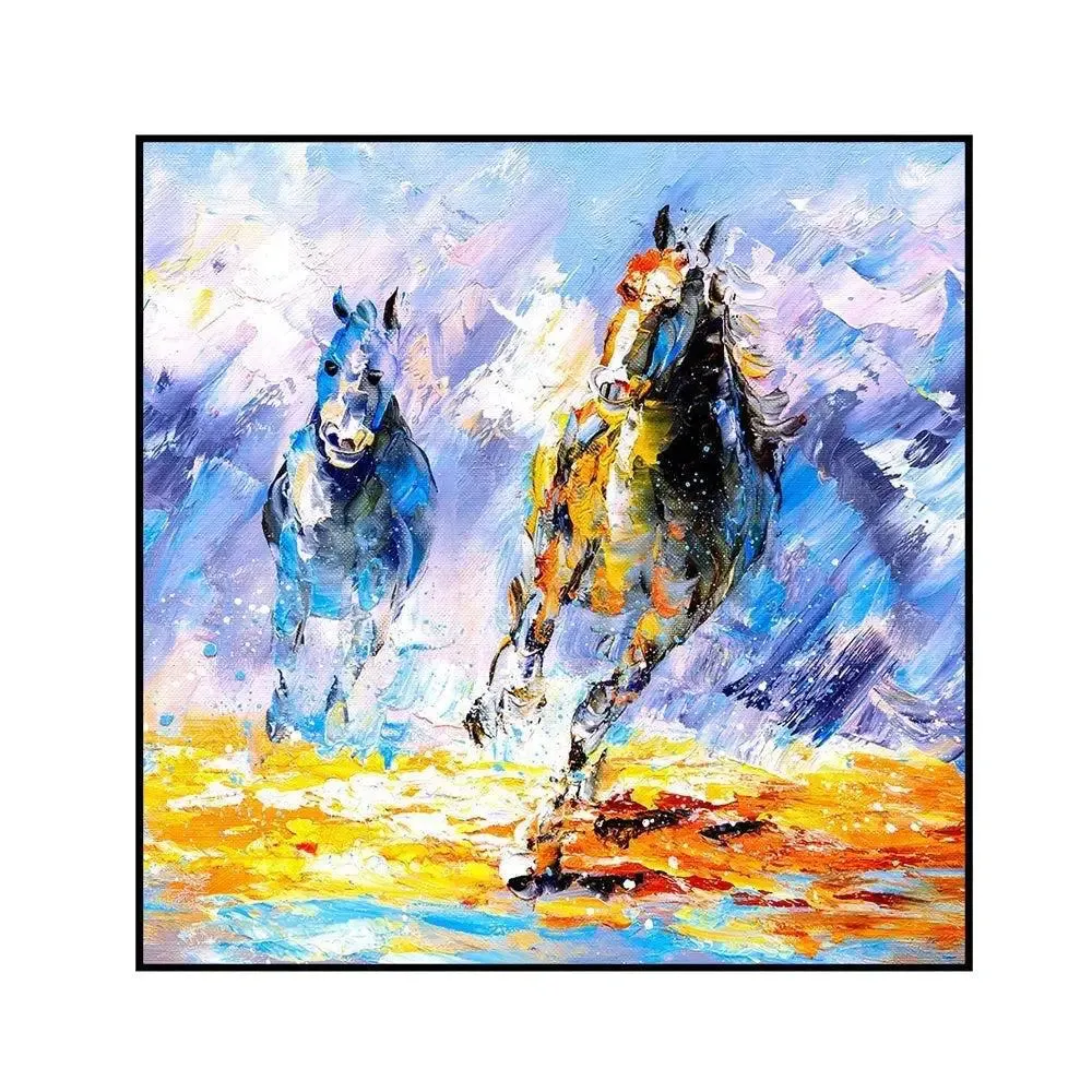 Two Running Horse Canvas Painting With Black Floating Frame Size: 57 cm (H) X 57 cm (W)