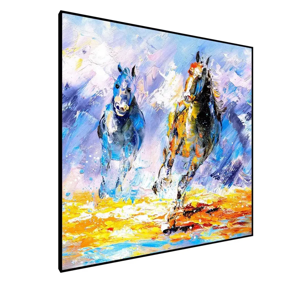 Two Running Horse Canvas Painting With Black Floating Frame Size: 57 cm (H) X 57 cm (W)
