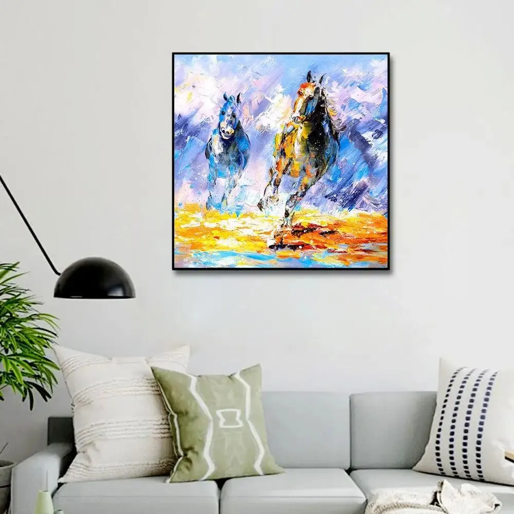 Two Running Horse Canvas Painting With Black Floating Frame Size: 57 cm (H) X 57 cm (W)