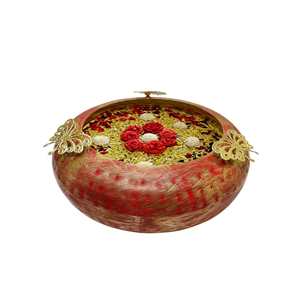 Tyre Motif Hammered Work Red & Gold Urli Bowl Set Of 3