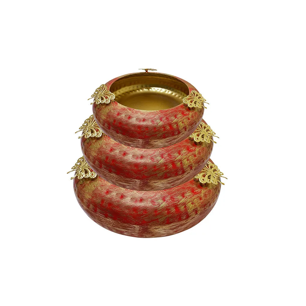 Tyre Motif Hammered Work Red & Gold Urli Bowl Set Of 3