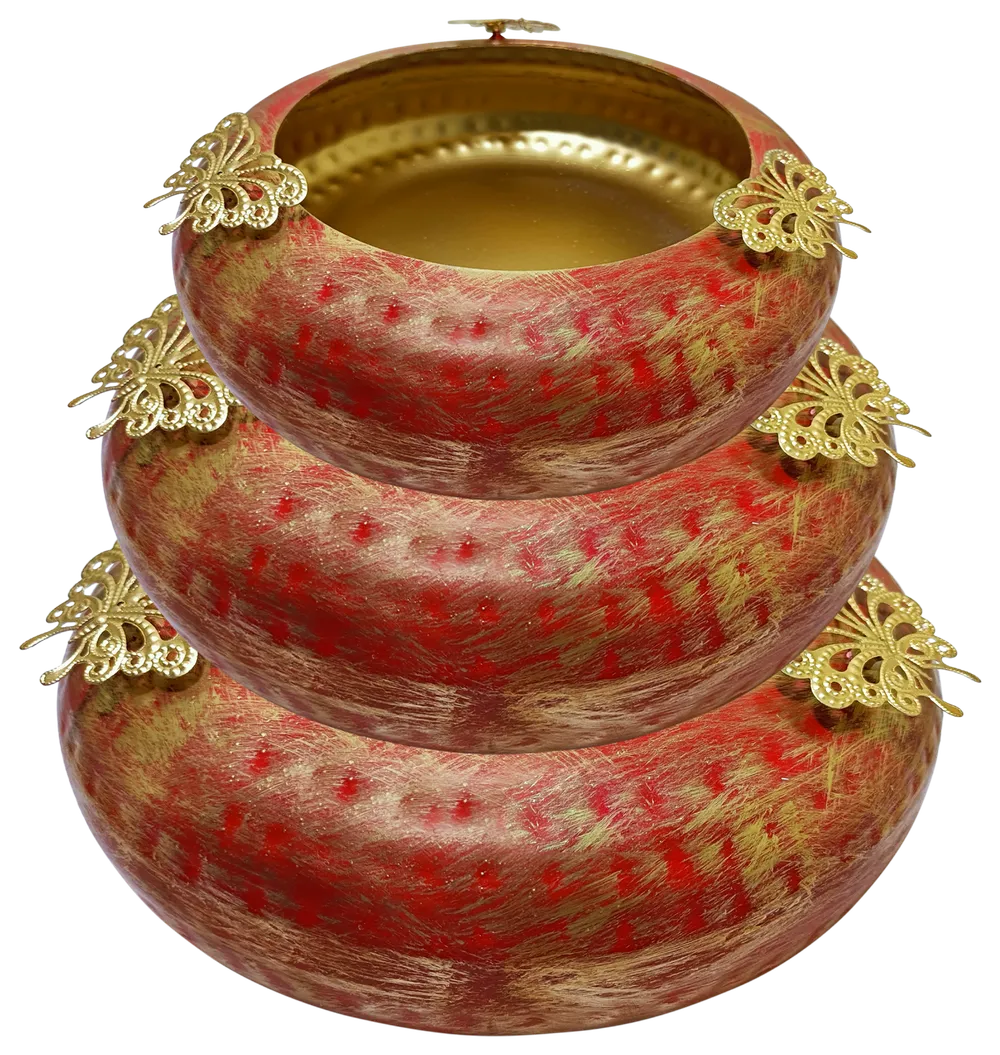 Tyre Motif Hammered Work Red & Gold Urli Bowl Set Of 3