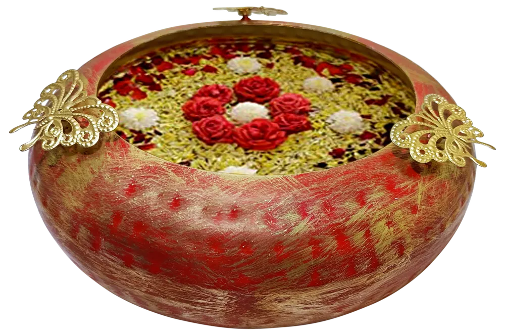Tyre Motif Hammered Work Red & Gold Urli Bowl Set Of 3