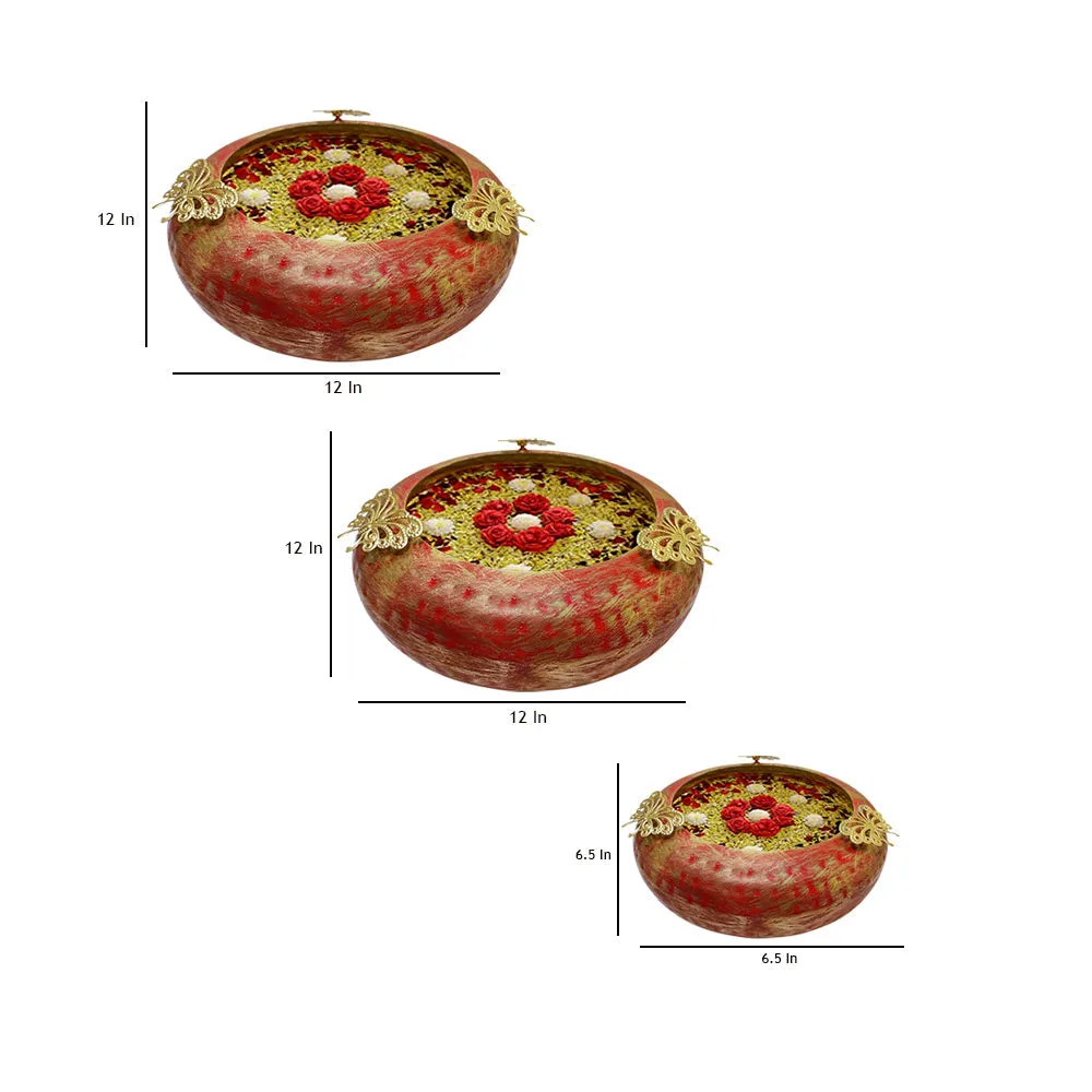 Tyre Motif Hammered Work Red & Gold Urli Bowl Set Of 3