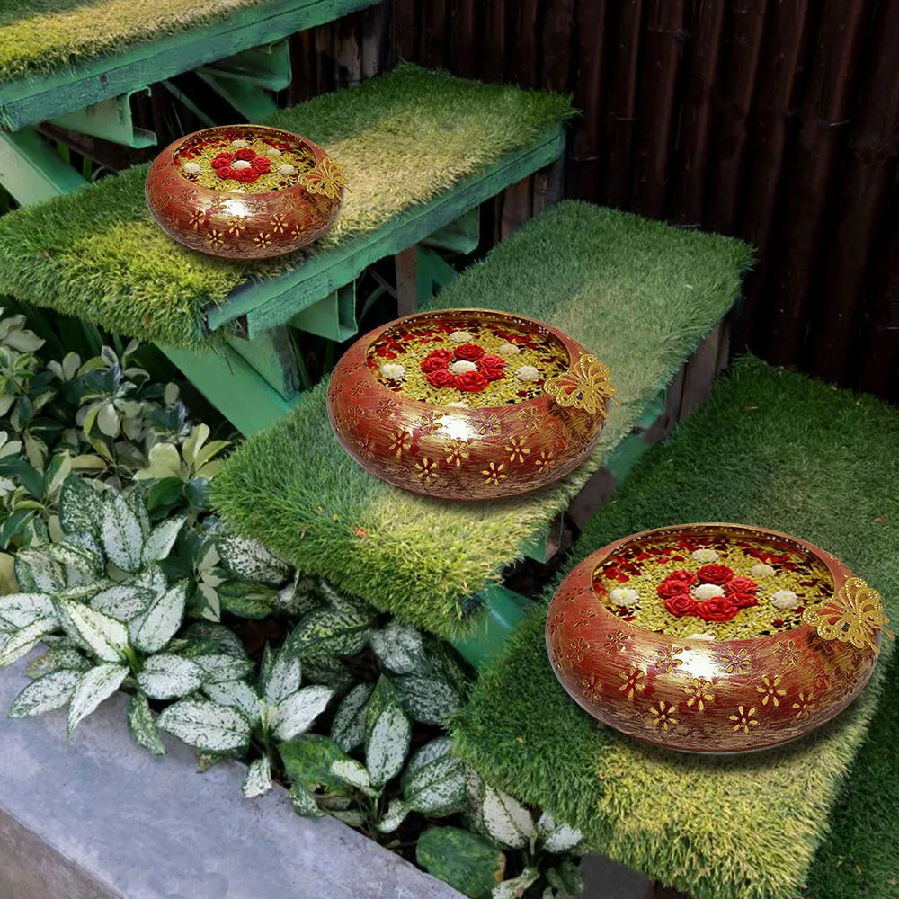 Tyre Motif Laser Cut Red & Gold Urli Bowl Set Of 3