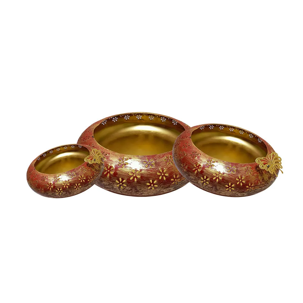 Tyre Motif Laser Cut Red & Gold Urli Bowl Set Of 3