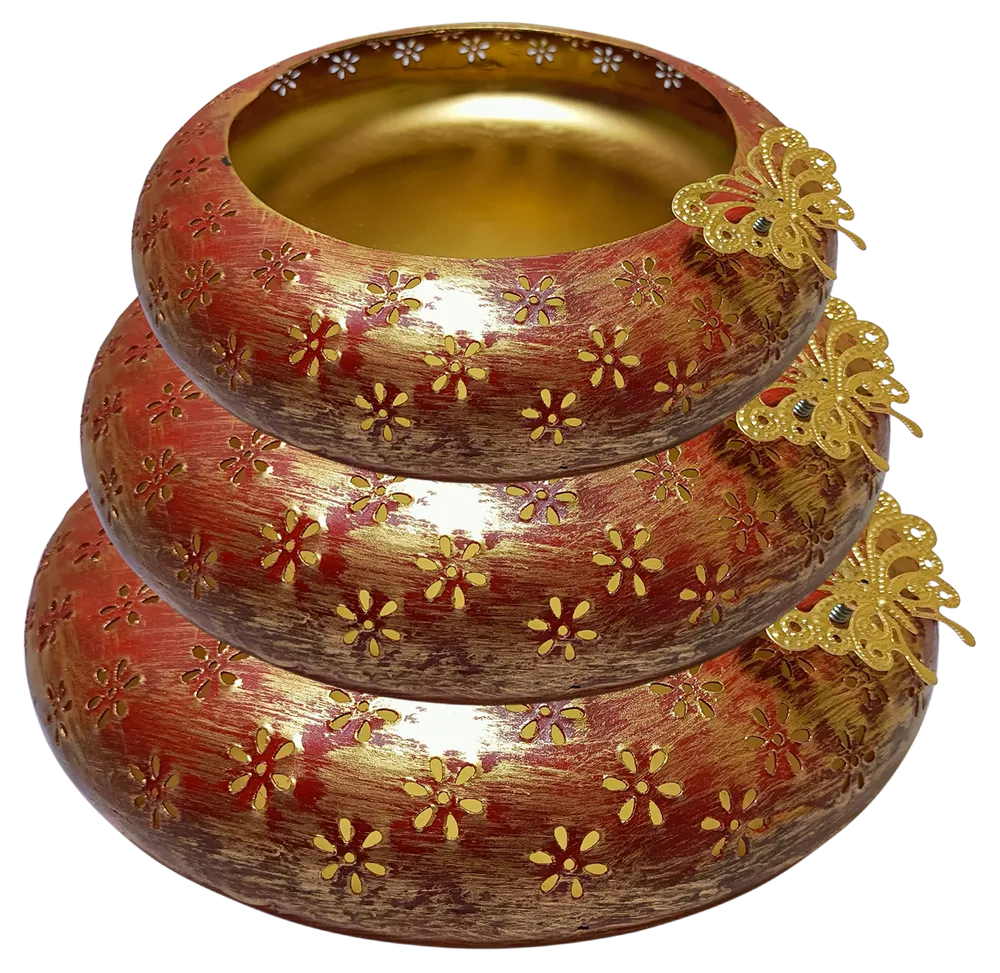 Tyre Motif Laser Cut Red & Gold Urli Bowl Set Of 3
