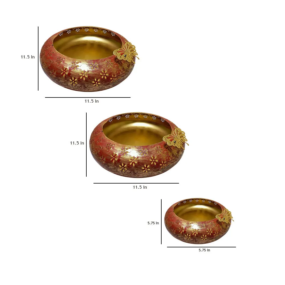 Tyre Motif Laser Cut Red & Gold Urli Bowl Set Of 3