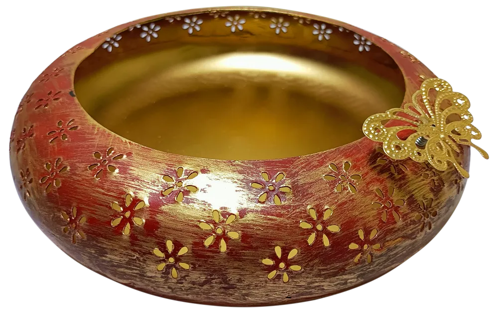 Tyre Motif Laser Cut Red & Gold Urli Bowl Set Of 3
