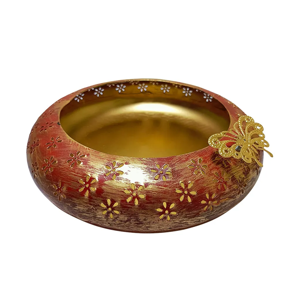 Tyre Motif Laser Cut Red & Gold Urli Bowl Set Of 3