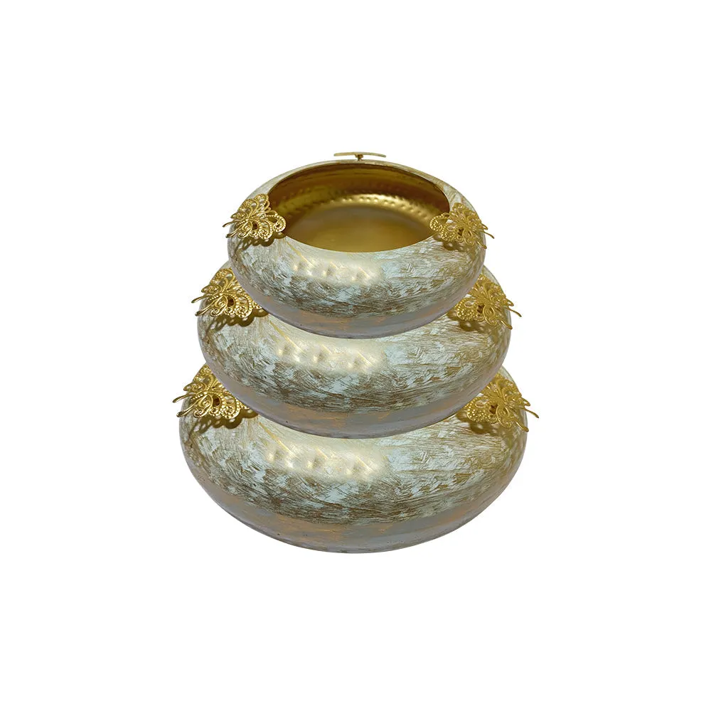 Tyre Motif Laser Cut White & Gold Urli Bowl Set Of 3