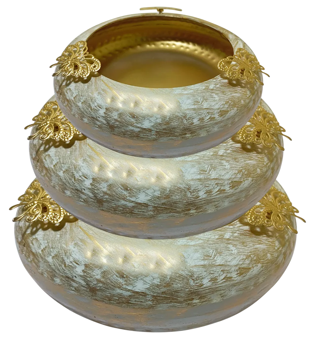 Tyre Motif Laser Cut White & Gold Urli Bowl Set Of 3