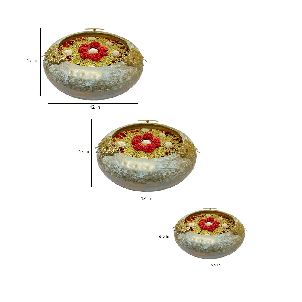 Tyre Motif Laser Cut White & Gold Urli Bowl Set Of 3