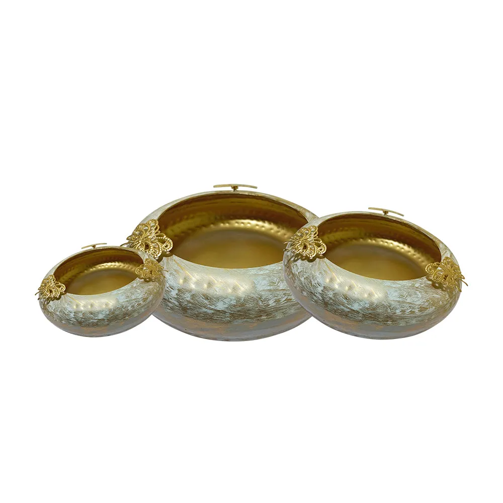 Tyre Motif Laser Cut White & Gold Urli Bowl Set Of 3