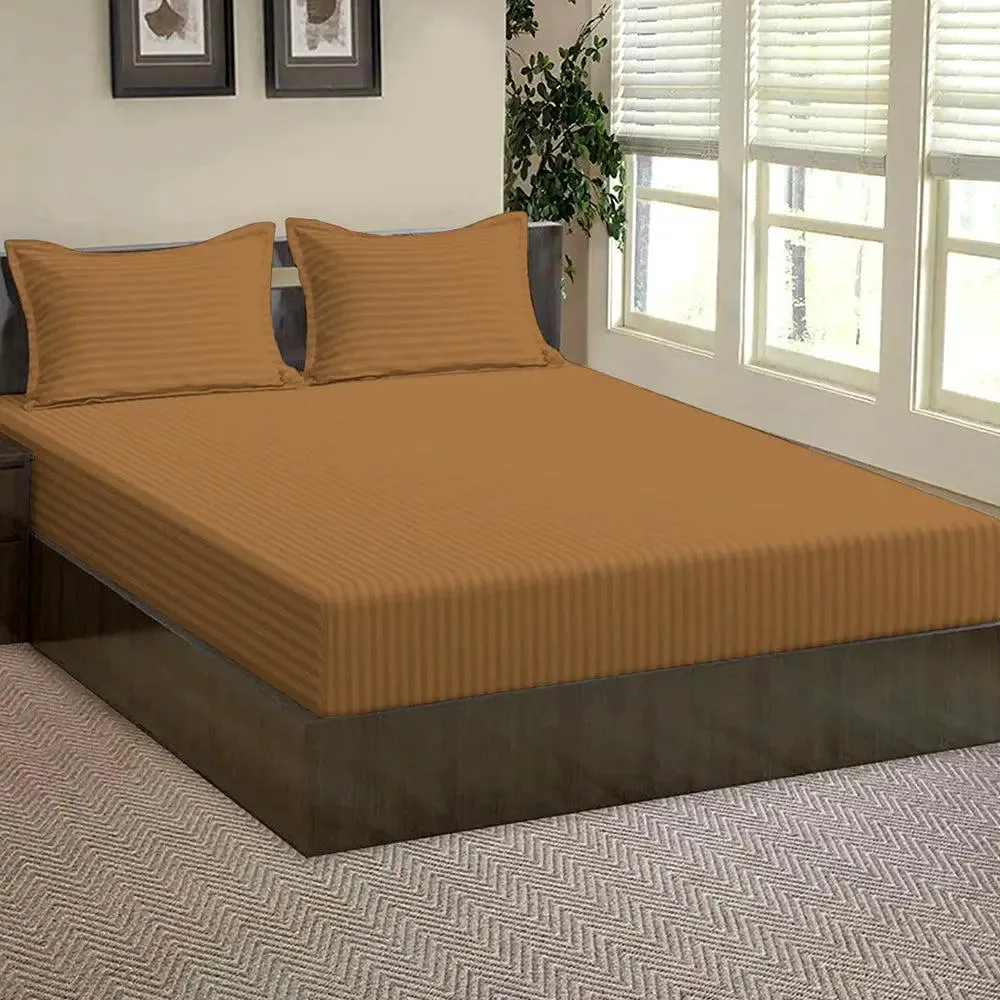 Ultra-Soft Cotton Queen-Size Bed Fitted Bedsheet With 2 Pillow Covers (Available in Multiple Colours) Brown