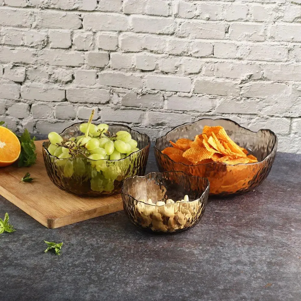 Uneven Japanese Motif Glass Mixing Bowls Set Of 3