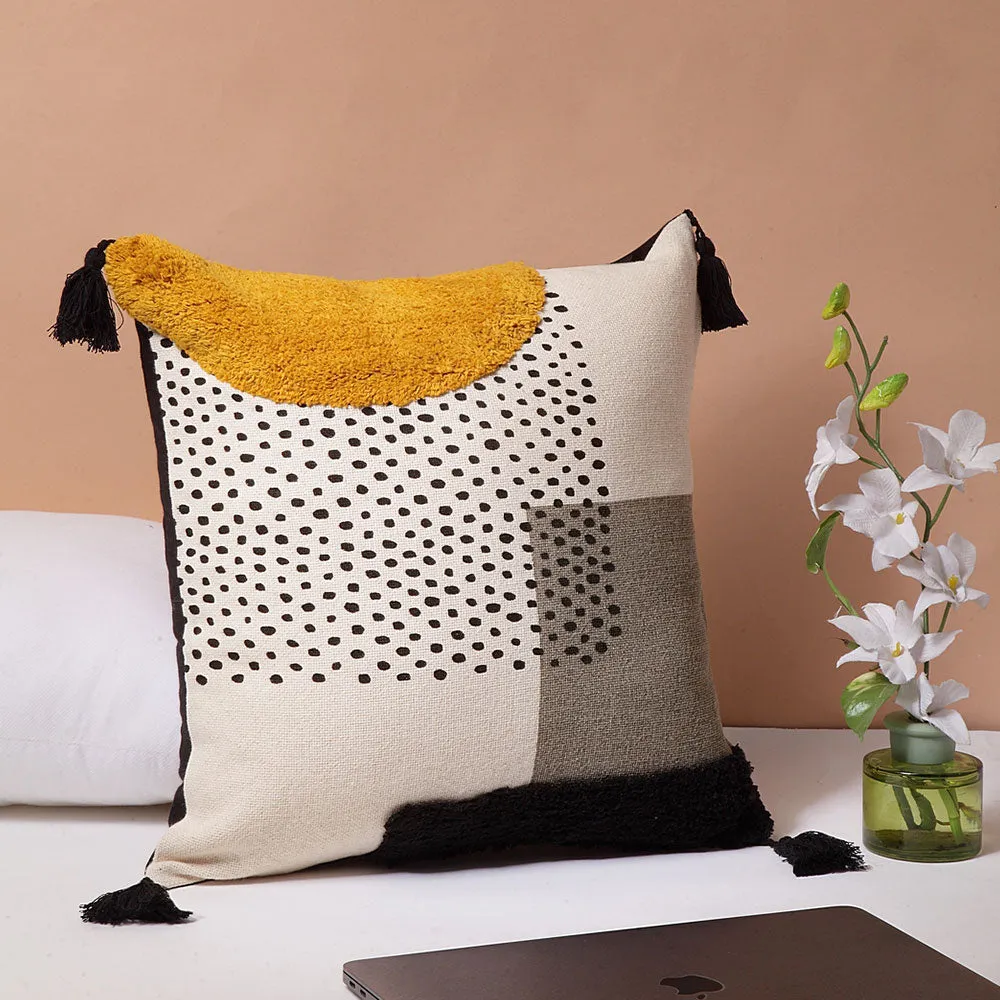 Unique Black Polka Dot Print Tufted 100% Cotton Cushion Cover Set Of 1