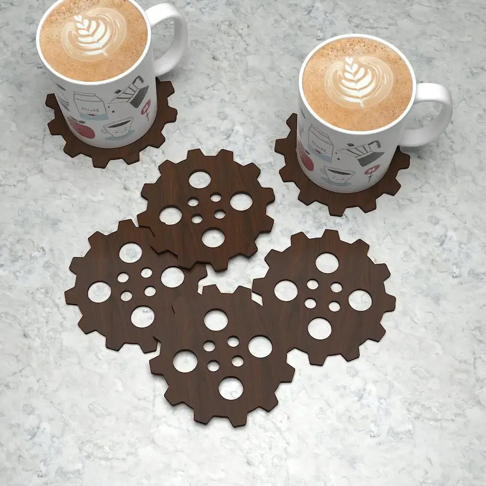 Unique Gear Wheel Shaped Design Wooden Coasters Walnut Finish