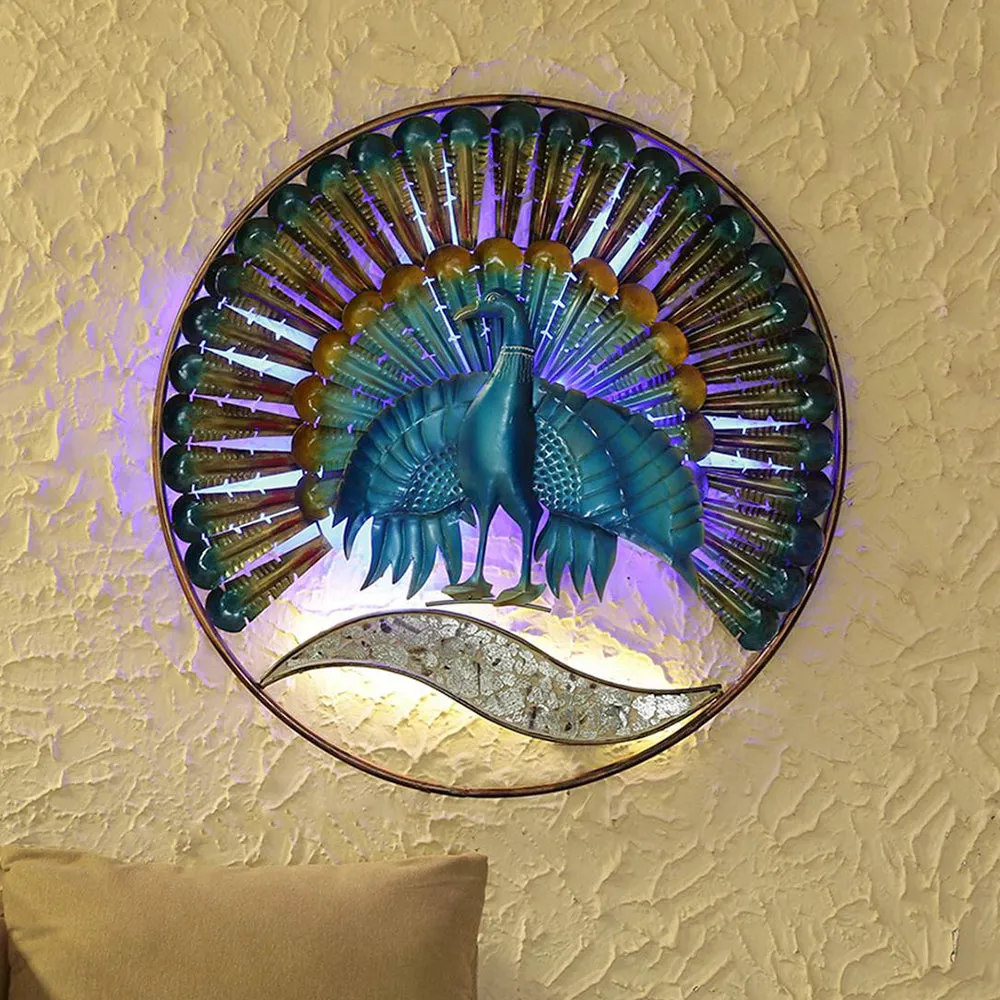 Unique Peacock Inspired Small Metallic Wall Art Decor with LED Lights