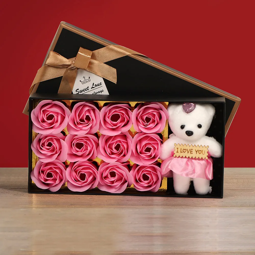 Valentine's Day Beautiful Artificial Pink Rose Box with Mini Teddy Gift Combo