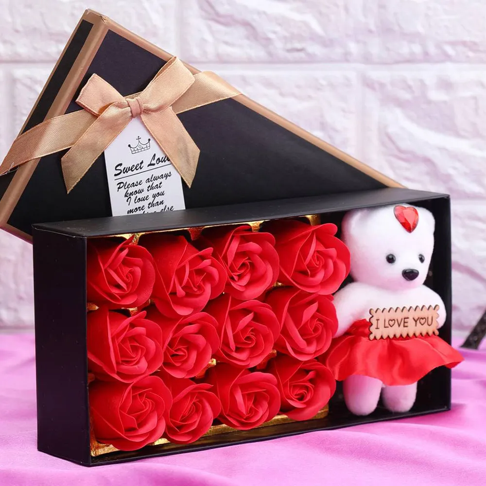 Valentine's Day Beautiful Artificial Red Rose Box with Mini Teddy Gift Combo