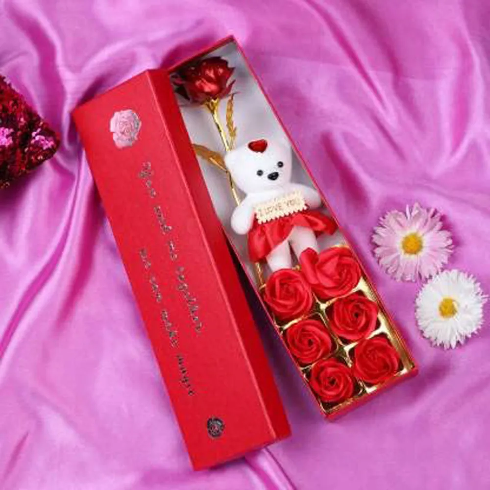 Valentine's Day Special Artificial Golden Rose & Mini Teddy Box Gift Combo