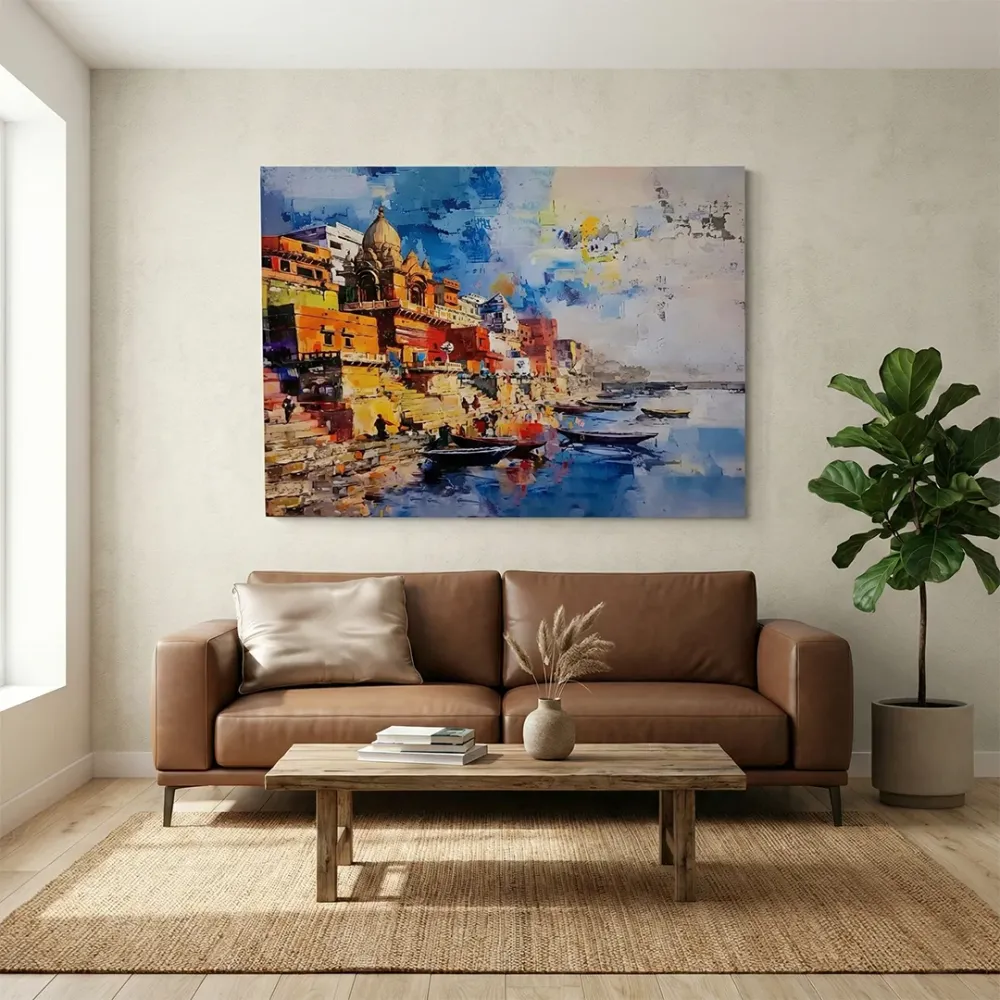 WallMantra Varanasi Riverside Abstract Canvas Painting – Large Modern Cityscape Wall Art 