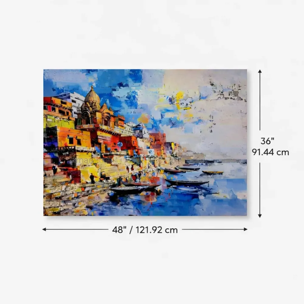 WallMantra Varanasi Riverside Abstract Canvas Painting – Large Modern Cityscape Wall Art 