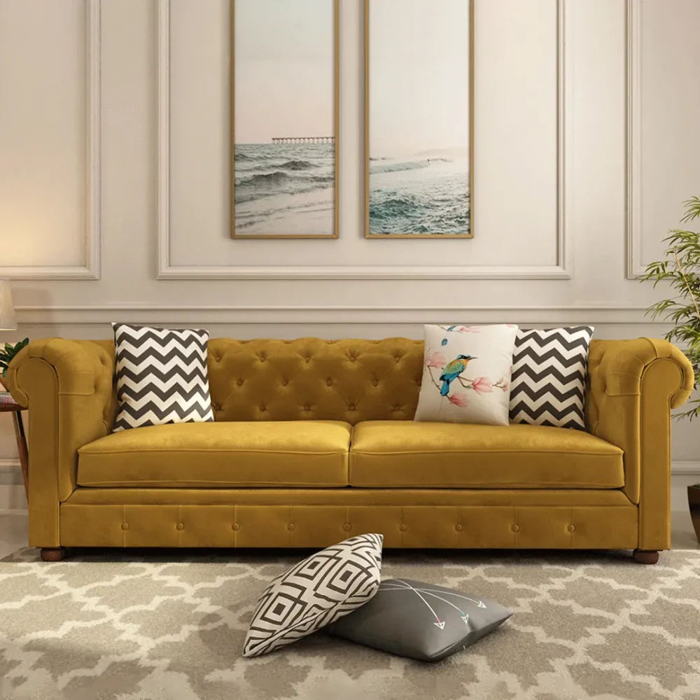 WallMantra Velvet 3 seater sofa – Mustard Yellow
