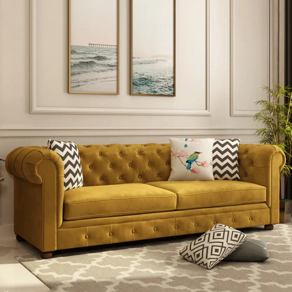 WallMantra Velvet 3 seater sofa – Mustard Yellow
