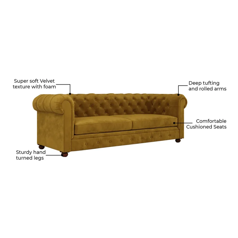 WallMantra Velvet 3 seater sofa – Mustard Yellow
