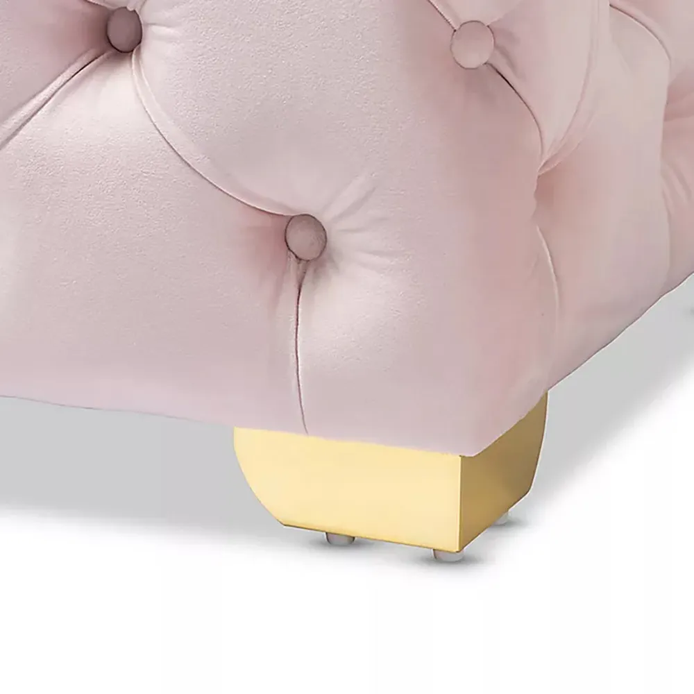 Velvet Tufted Button Puffy Stool In Beige Single Piece