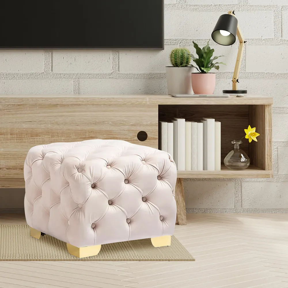 Velvet Tufted Button Puffy Stool In Beige Single Piece