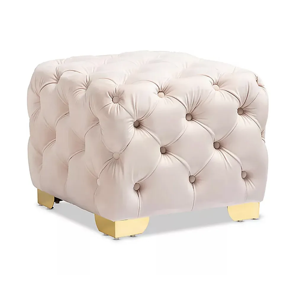 Velvet Tufted Button Puffy Stool In Beige Single Piece