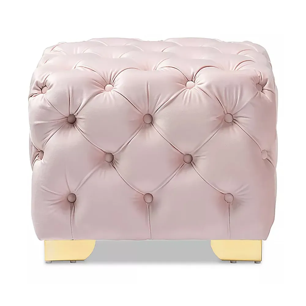 Velvet Tufted Button Puffy Stool In Beige Single Piece