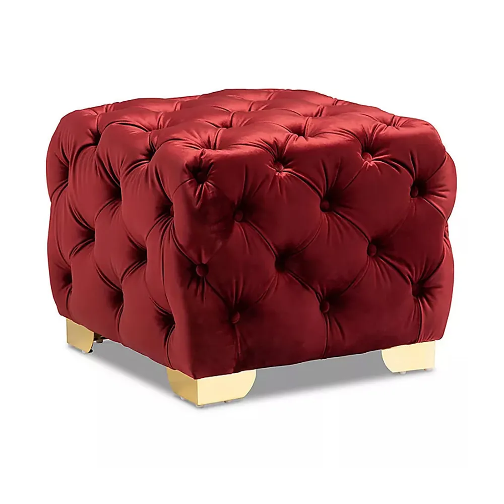 Velvet Tufted Button Puffy Stool In Burgundy
