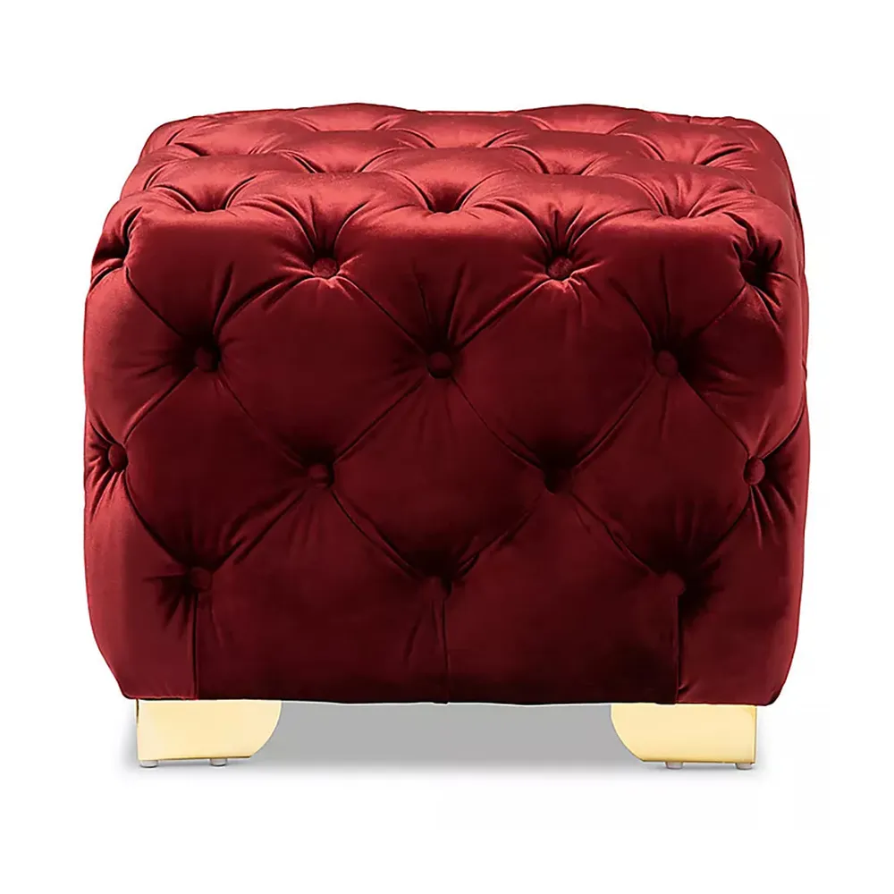 Velvet Tufted Button Puffy Stool In Burgundy