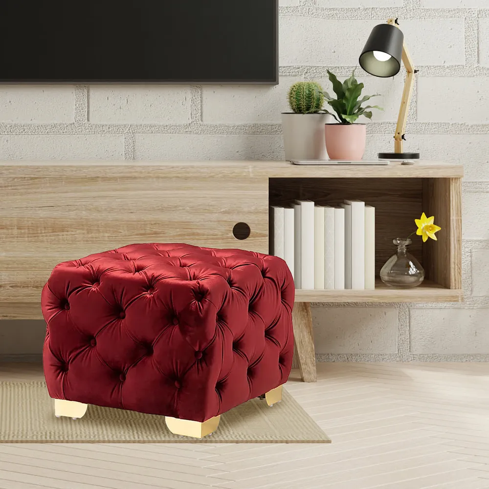 Velvet Tufted Button Puffy Stool In Burgundy