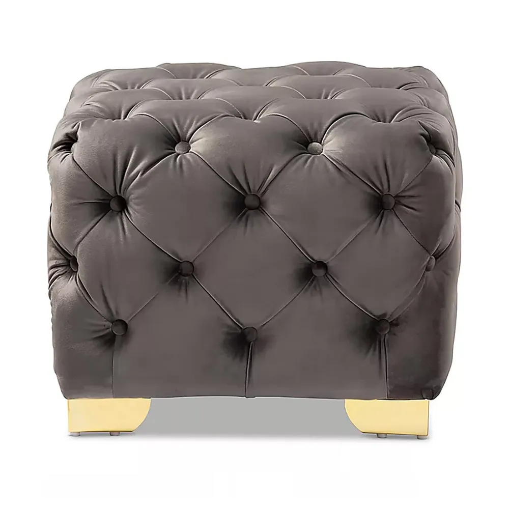 Velvet Tufted Button Puffy Stool In Grey Single Piece