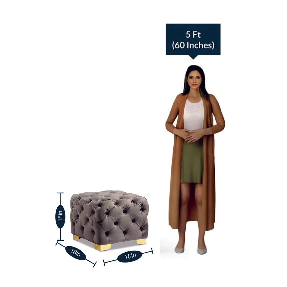 Velvet Tufted Button Puffy Stool In Grey Single Piece