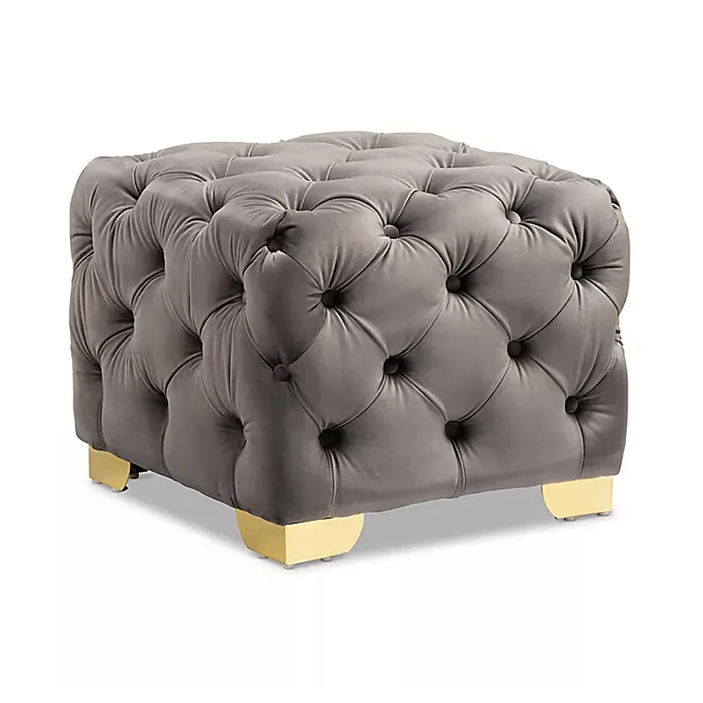 Velvet Tufted Button Puffy Stool In Grey Single Piece