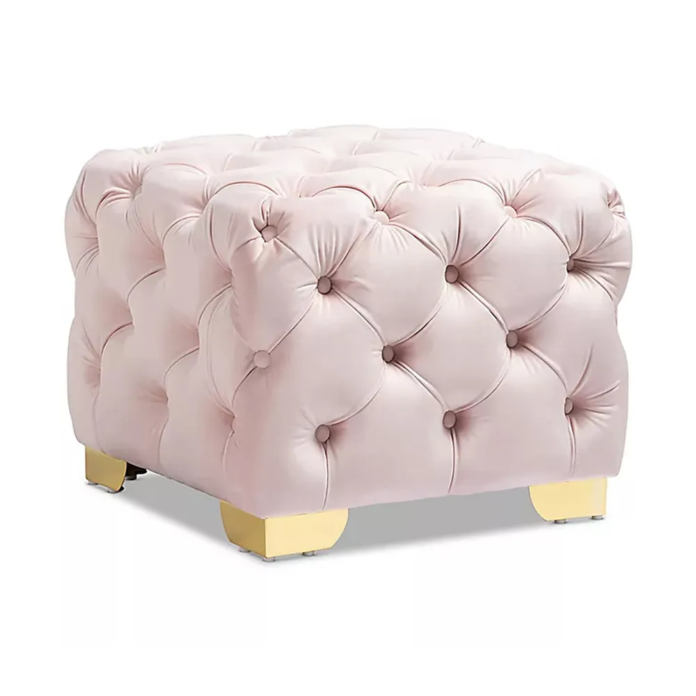 Velvet Tufted Button Puffy Stool In Pink Single Piece