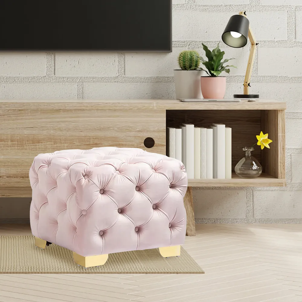 Velvet Tufted Button Puffy Stool In Pink Single Piece