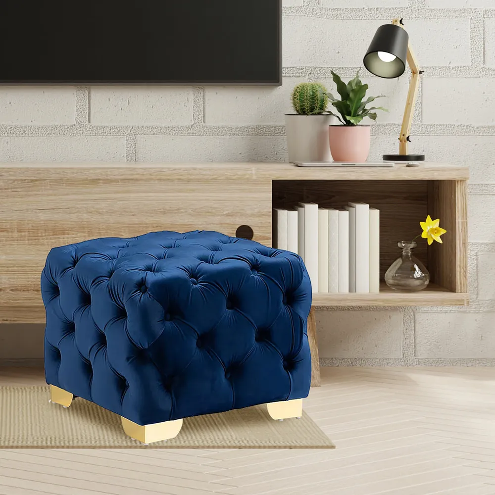 Velvet Tufted Button Puffy Stool In Royal Blue Single Piece