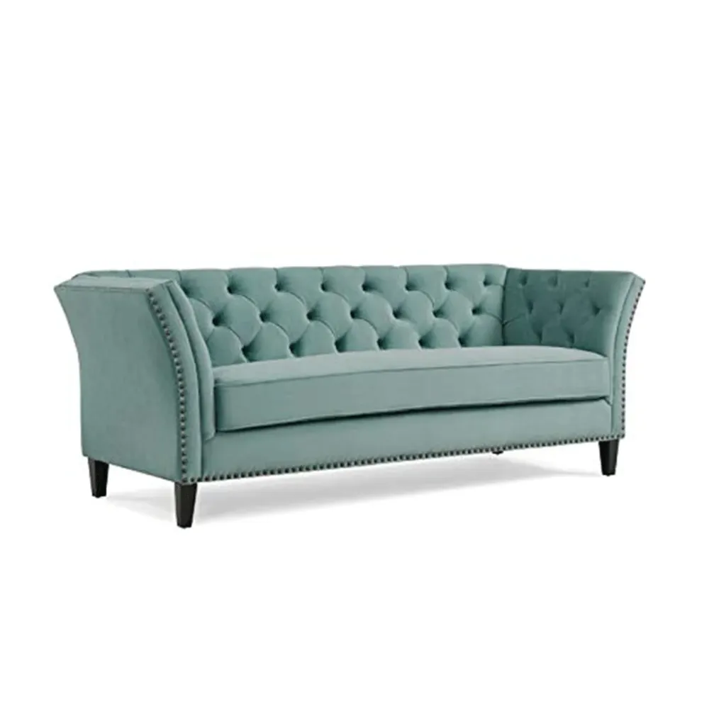 WallMantra Velvet Upholstered Button Tufted 3 Seater Sofa – Sea Blue