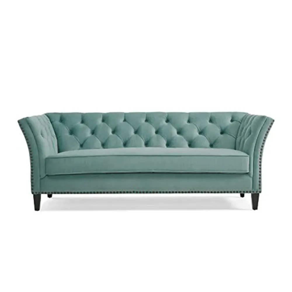 WallMantra Velvet Upholstered Button Tufted 3 Seater Sofa – Sea Blue