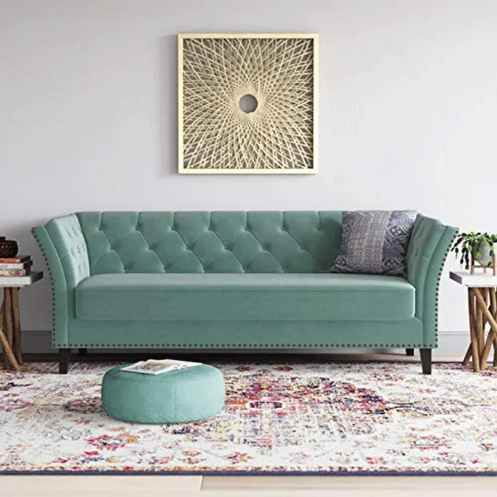 WallMantra Velvet Upholstered Button Tufted 3 Seater Sofa – Sea Blue