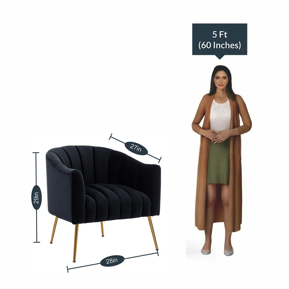 Vertical Channel Tufted Black Velvet Lounge Chair Single Piece